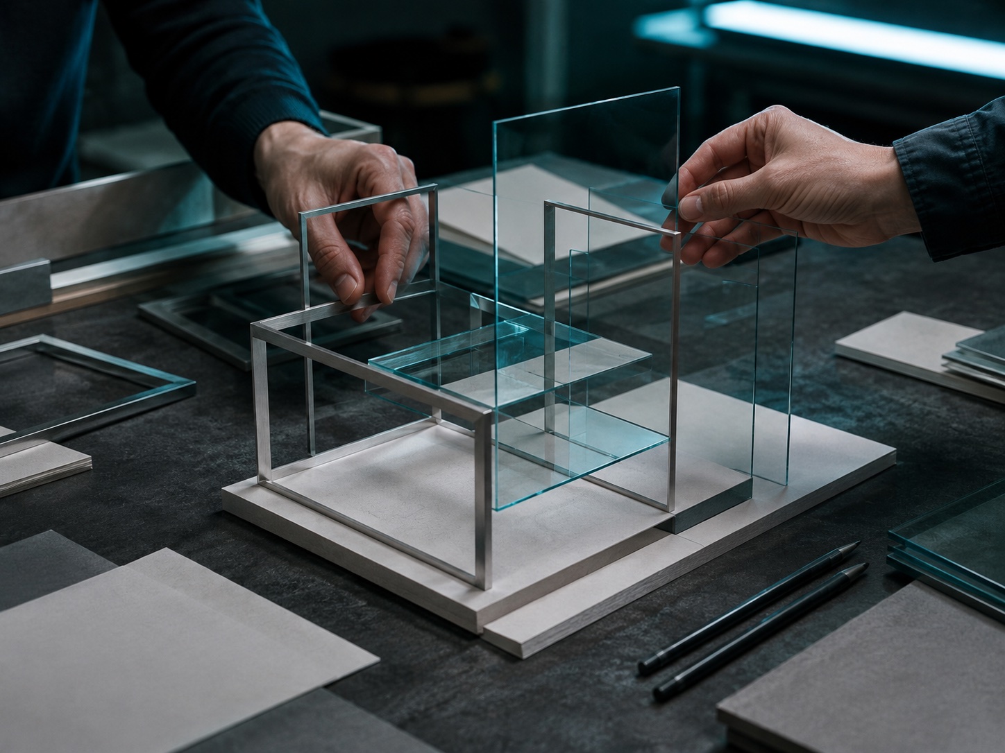 Two people assembling a precise architectural model from glass and metal on a workbench