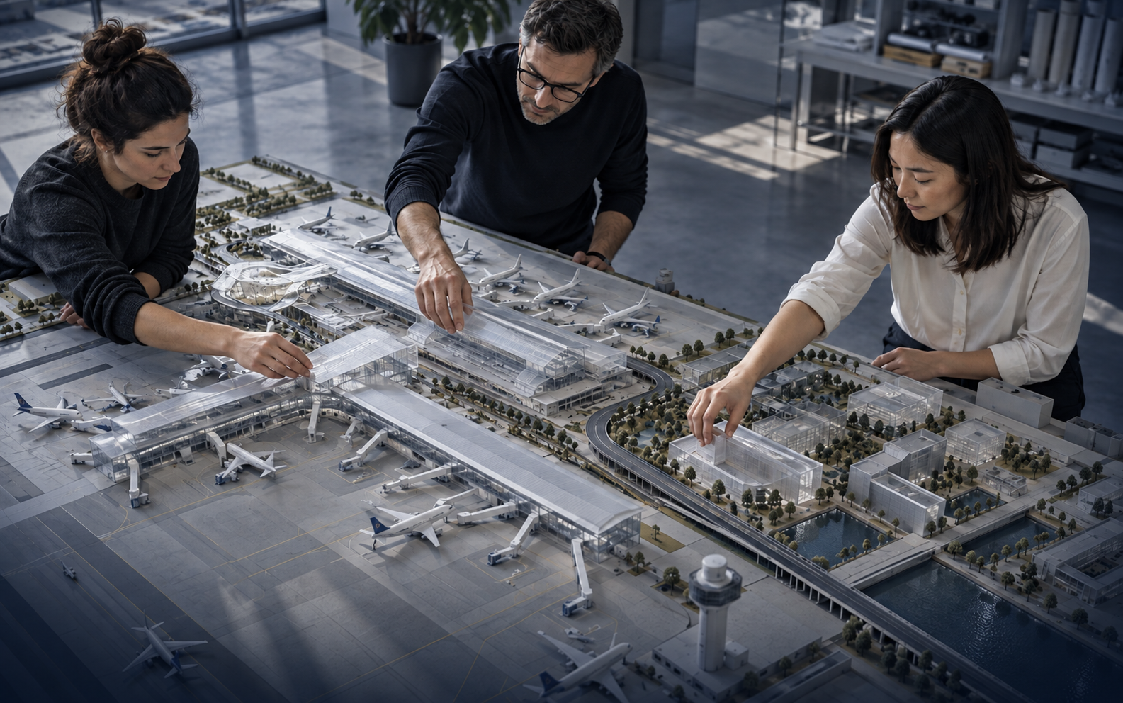 Photograph of three planners reviewing a detailed physical scale model of an airport terminal and surrounding development