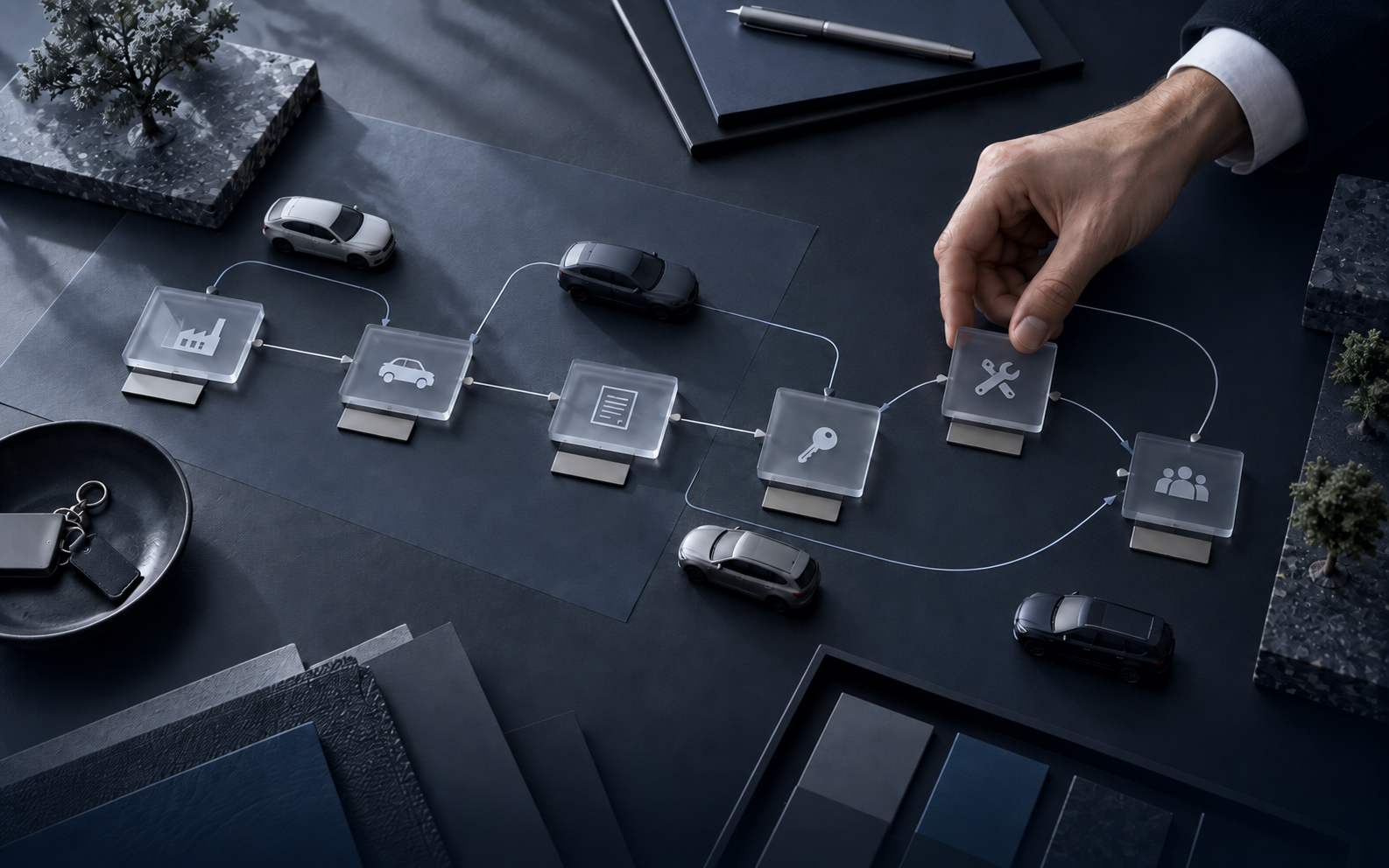 Photograph of a hand arranging glass icon tiles representing a vehicle leasing lifecycle — acquisition, registration, handover, service and return — alongside model cars on a desk