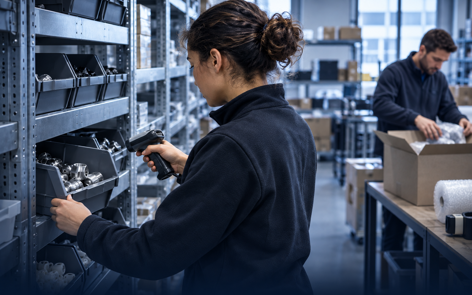 Photograph of a warehouse worker scanning an inventory bin with a handheld barcode scanner, a colleague packing boxes in the background