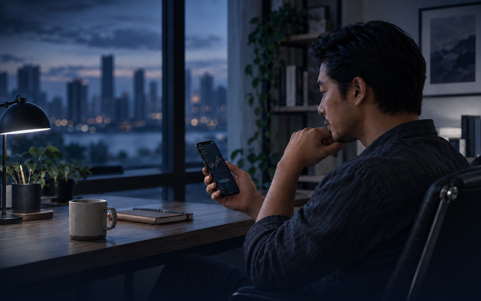 Photograph of a person reviewing a crypto trading app on their phone at night, a city skyline visible through the window behind them