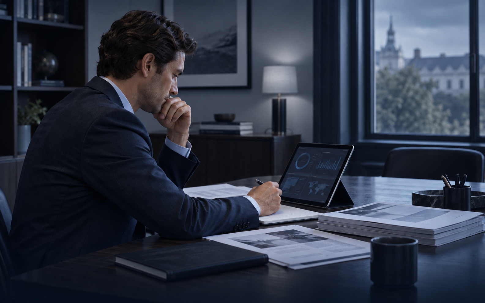 Photograph of a financial analyst reviewing due-diligence documents and a tablet dashboard of charts and a world map at a conference table