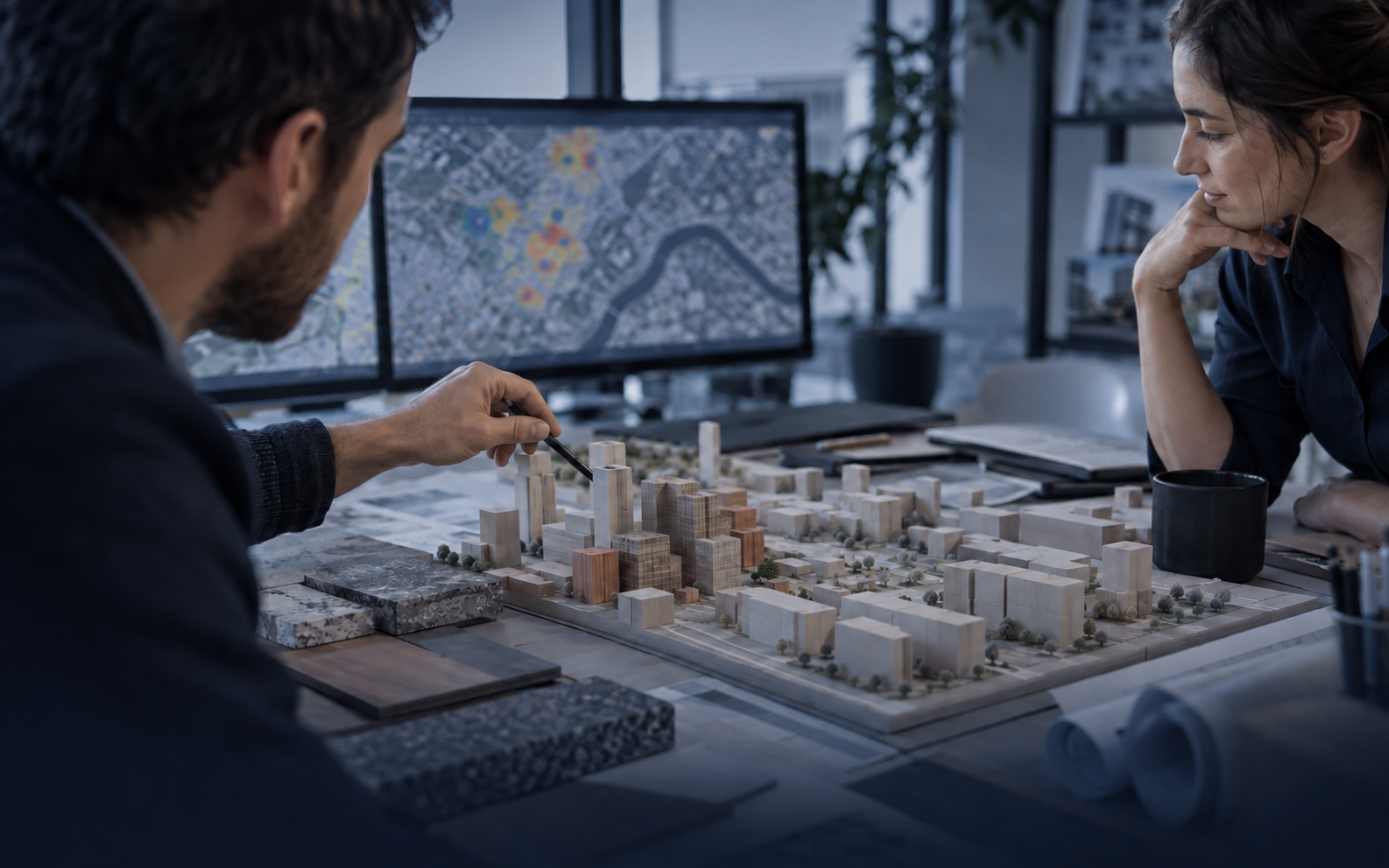 Photograph of two developers reviewing a physical city development model alongside a screen showing a demand heatmap