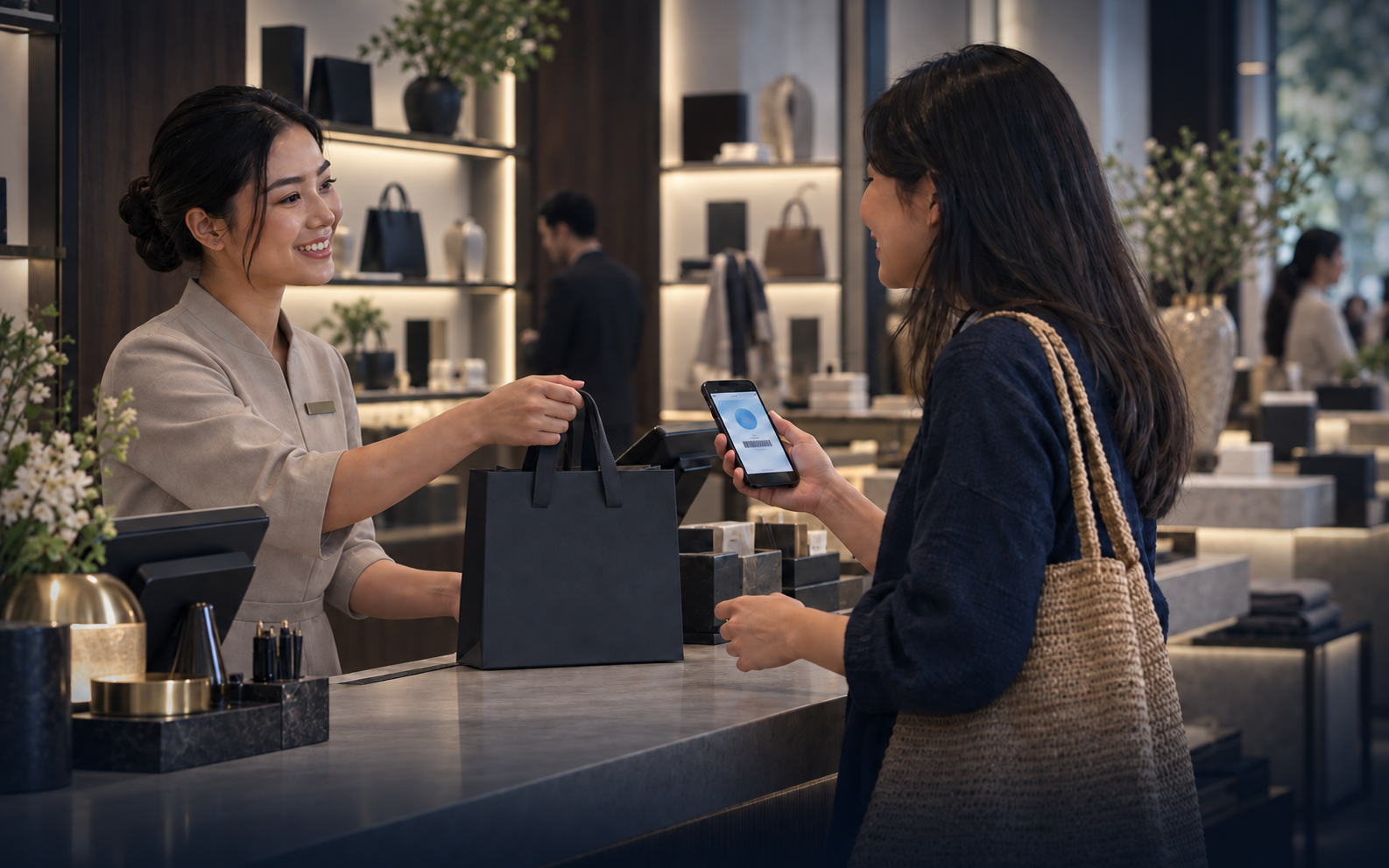 Photograph of a luxury retail associate handing a shopping bag to a customer holding up a loyalty app on her phone at the counter