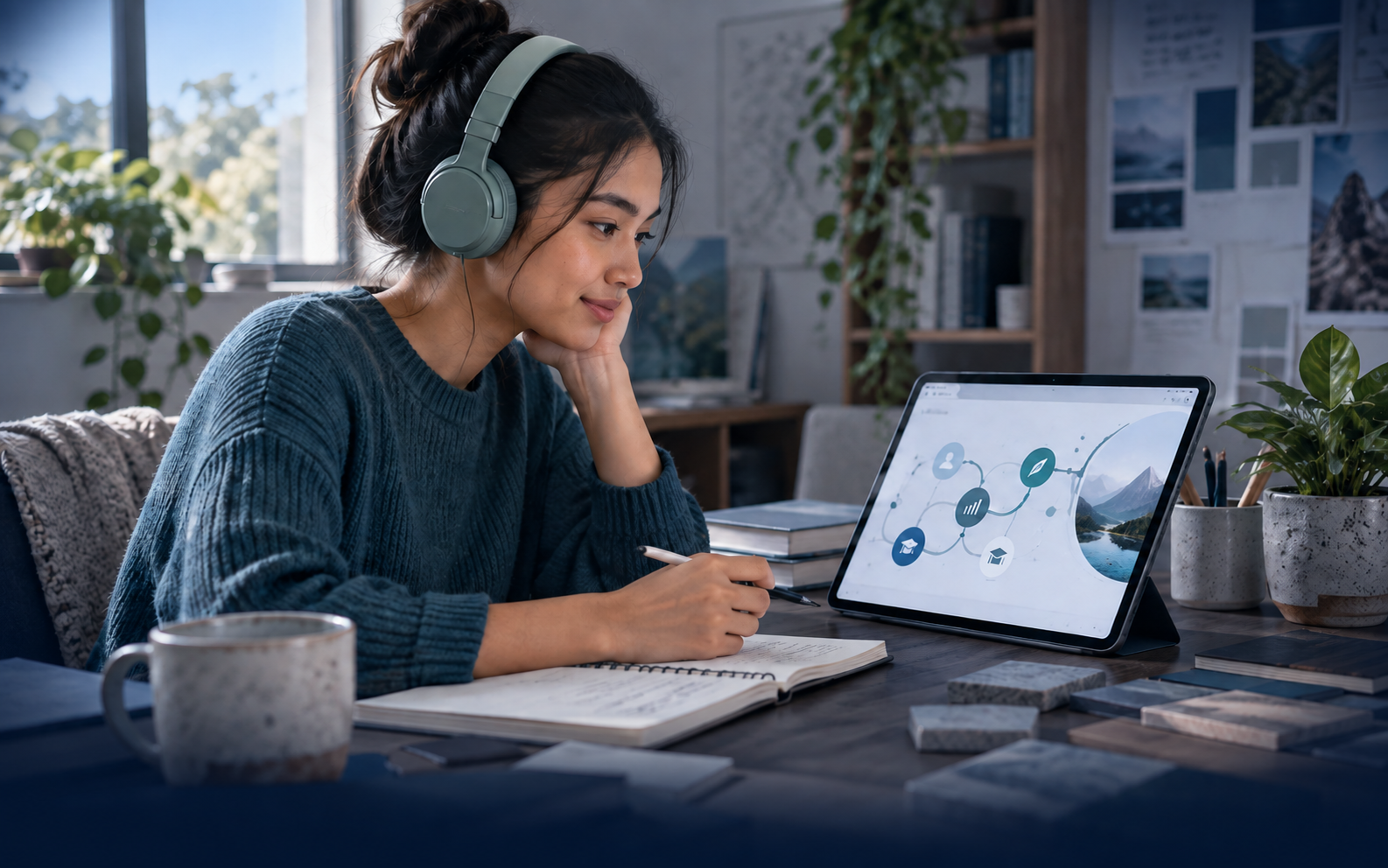 Photograph of a learner wearing headphones and taking notes while following a skill-development pathway on a tablet