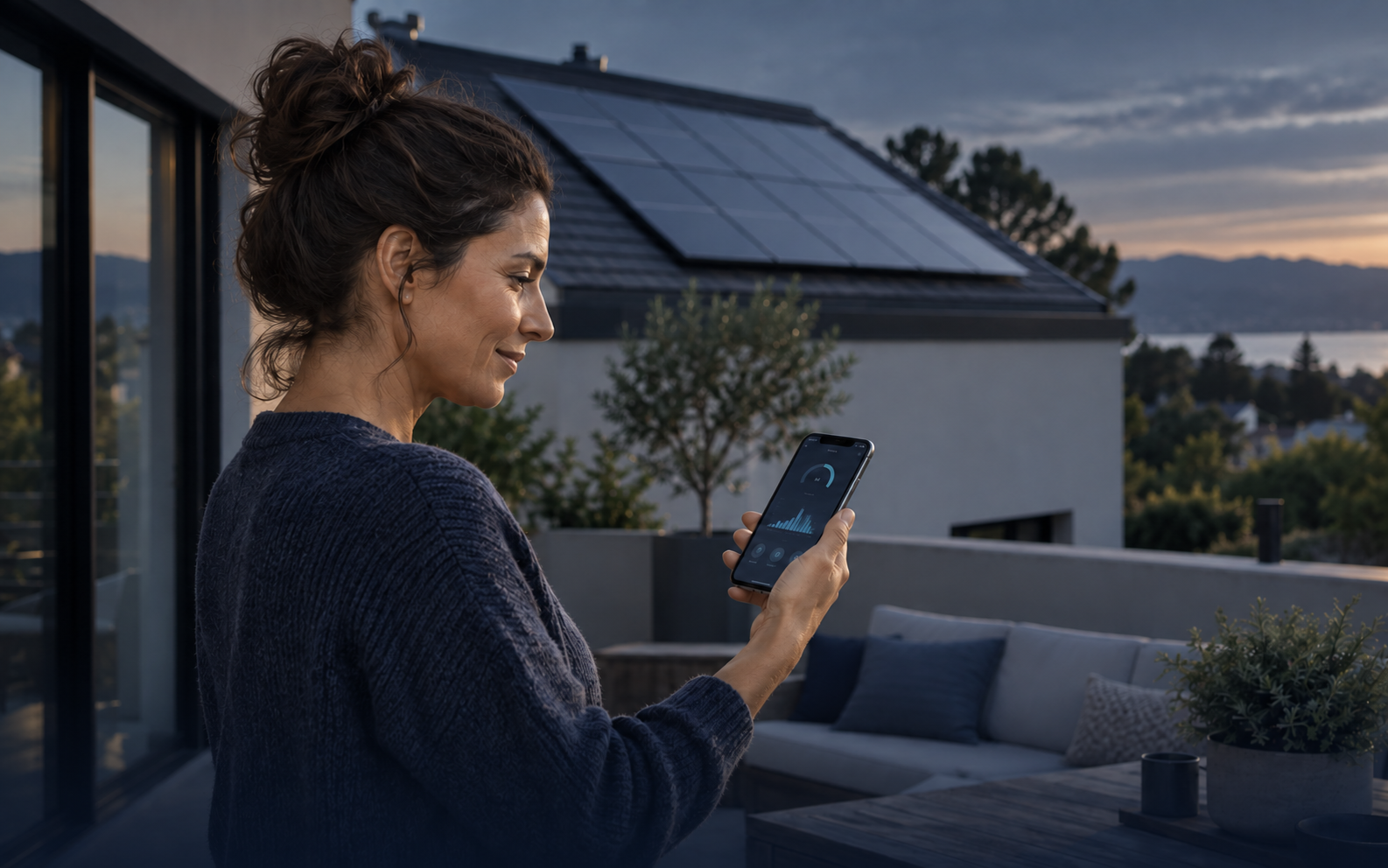 Photograph of a homeowner checking a solar generation app on her phone on a rooftop terrace, solar panels visible on the house behind her