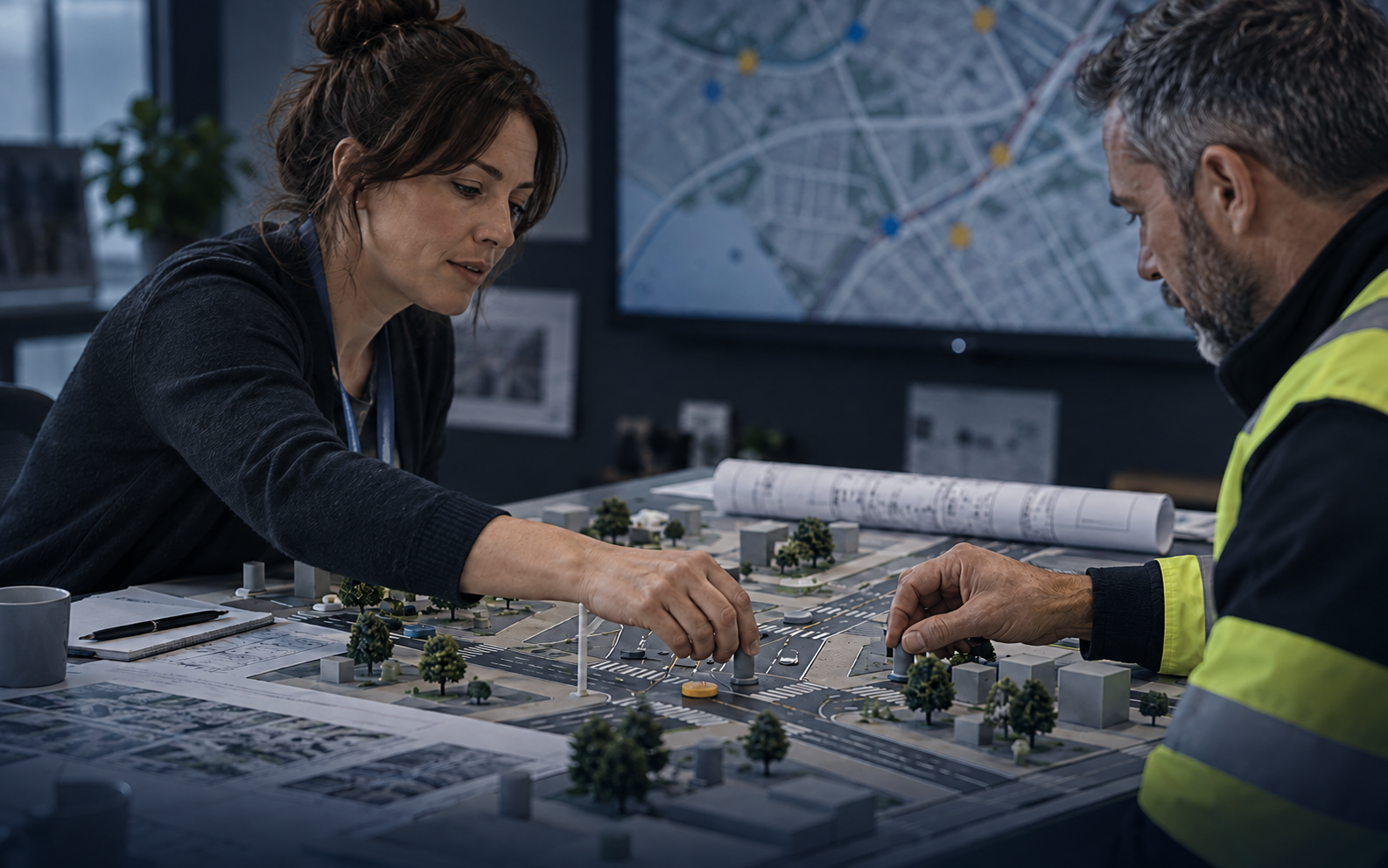 Photograph of an urban planner and a safety-vest-wearing traffic officer placing signal markers on a physical street-intersection model, a city traffic map on screen behind them