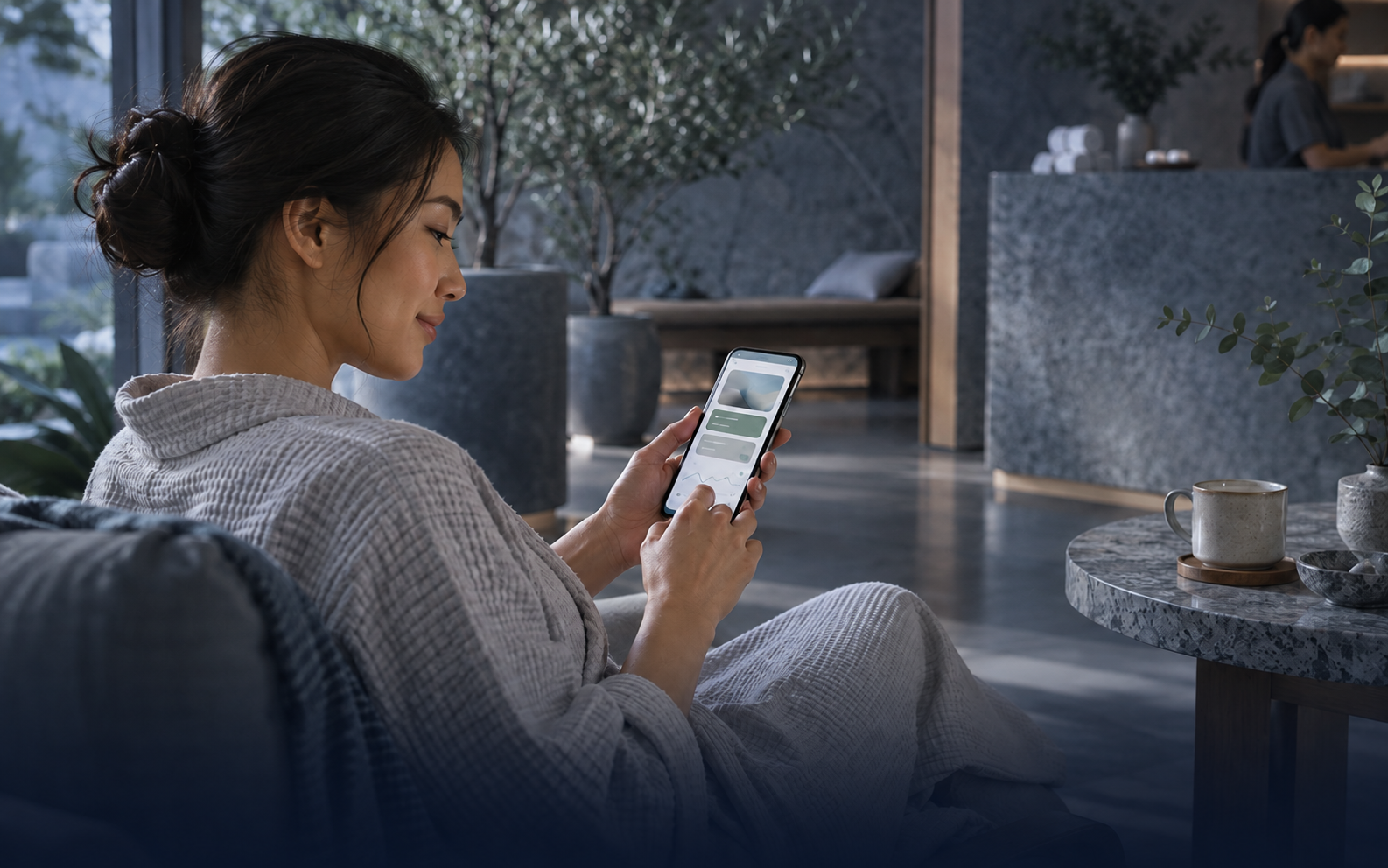 Photograph of a spa guest in a robe browsing a wellness booking app on her phone in a lounge area
